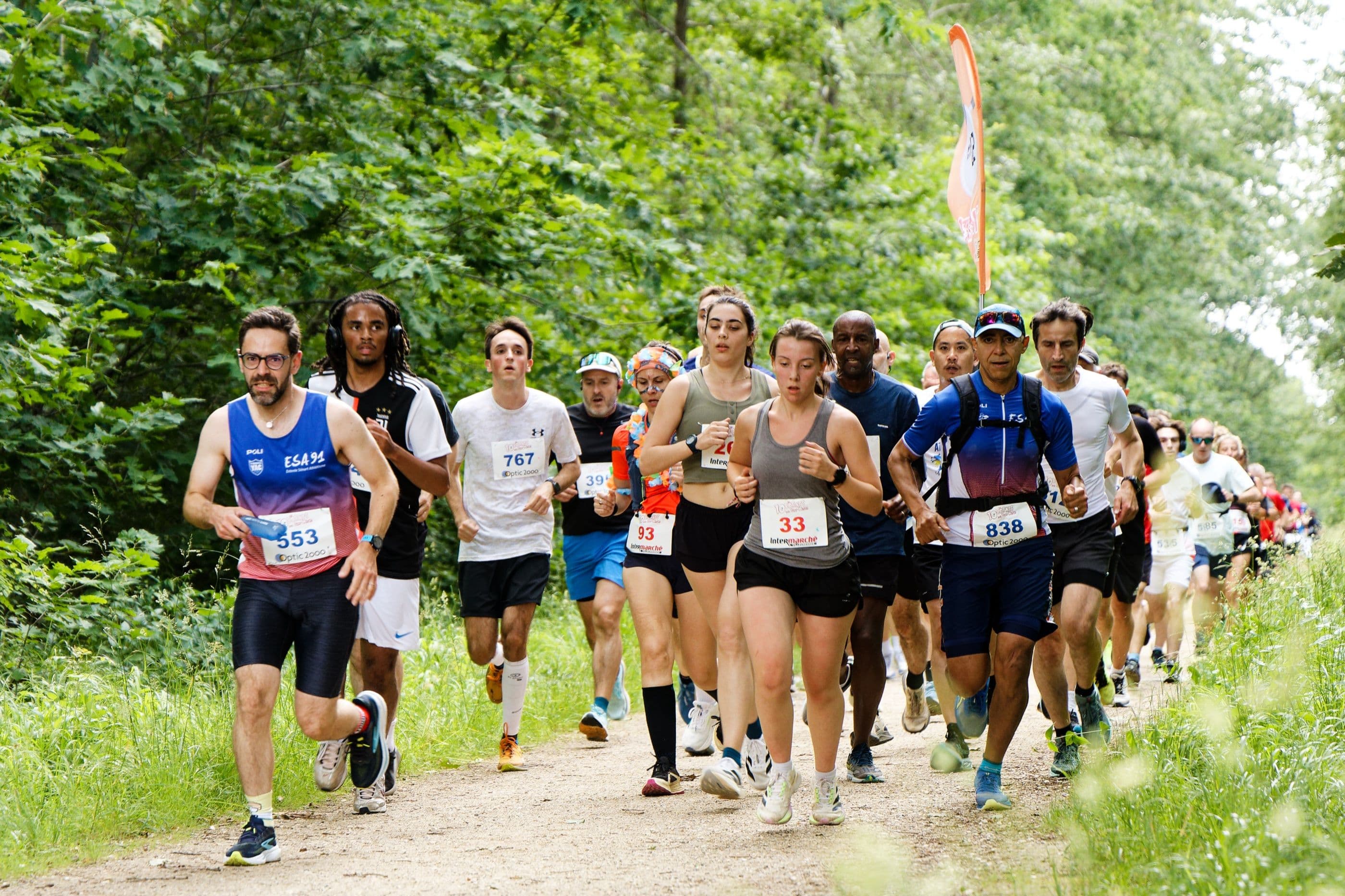 Peloton de coureurs sur un chemin forestier au départ d'une course